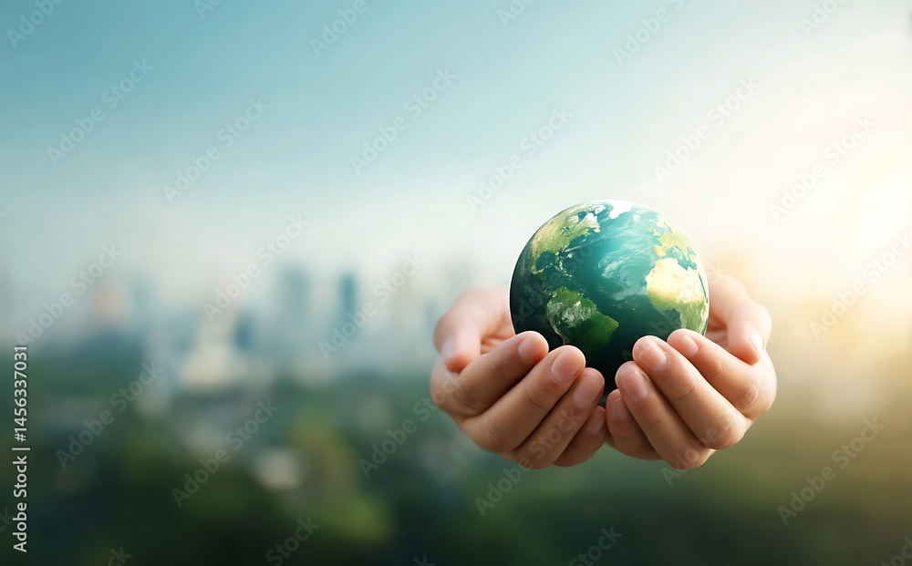 Hands Holding Earth Globe Representing Global Sustainability and Environmental Care Hands Holding Earth Globe Representing Global Sustainability and Environmental Care