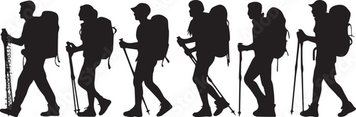 Silhouettes of hikers with backpacks and trekking poles exploring outdoors