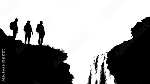 Trekkers Admiring Waterfall From Lookout, vector illustration art