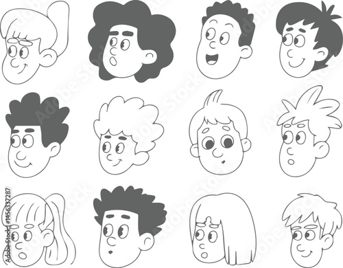 Diverse cartoon characters heads line art style vector illustration
