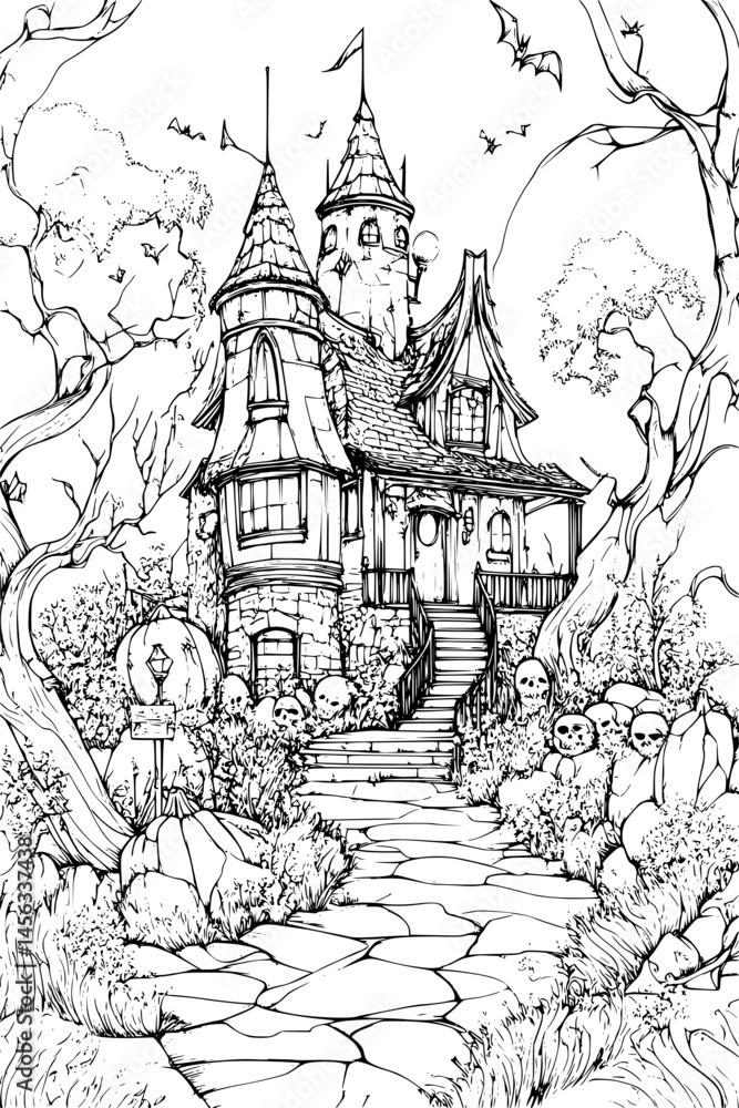 Naklejka premium Undead Crowd Near Empty House, coloring book style, vector illustration art