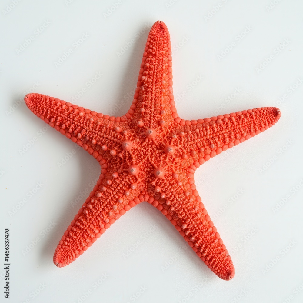 A vibrant red starfish with textured surface displayed against a clean white background in a studio shot A vibrant red starfish with textured surface displayed against a clean white background in a studio shot