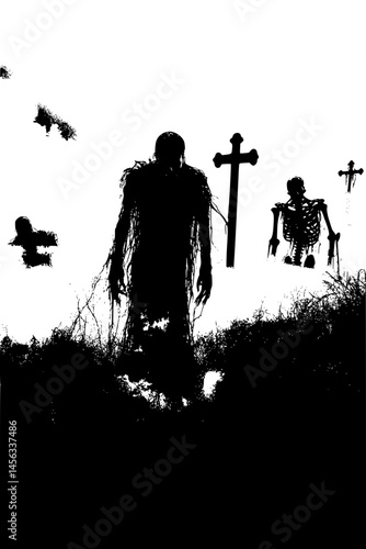 Undead Emerging From Foggy Graveyard, coloring book style, vector illustration art