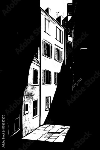 Urban Scene With Stencil Elements, coloring book style, vector illustration art