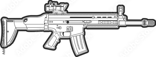 SCAR assault rifle icon black line, thick stroke icon, combat assault rifle for special operations forces.