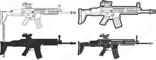 Set of SCAR assault rifle icons, line, silhouette and black color isolation icons, combat assault rifle for special operations forces.