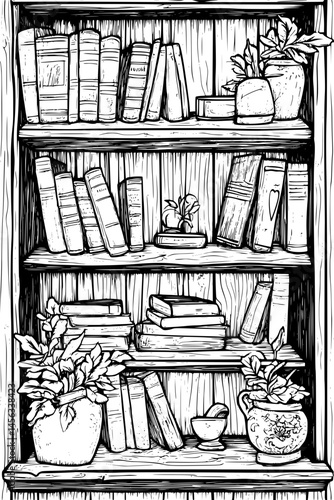 Wood Shelves Full Of Old Books, coloring book style, vector illustration art
