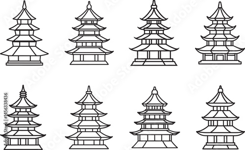 set of Pagoda line art, black outline, vector and illustration, coloring book page line art drawing