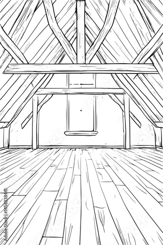 Wooden Beams Supporting Pitched Roof, coloring book style, vector illustration art