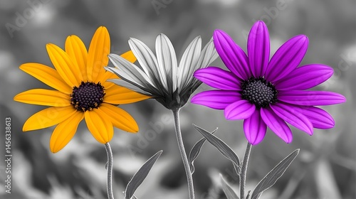 Vibrant Purple, Yellow and Gray Flowers Close Up