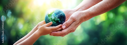 Protecting Our Planet Hands holding Earth symbol sustainable future green environment child adult photo