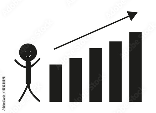 Black and white graph showing growth and success. A person rejoicing at the growth of the graph curve and his success. Vector illustration.