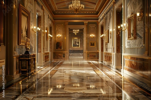 A luxurious, high-ceilinged hallway with gold-accented sconces, marble floors, and a collection of fine art pieces displayed along the walls, 