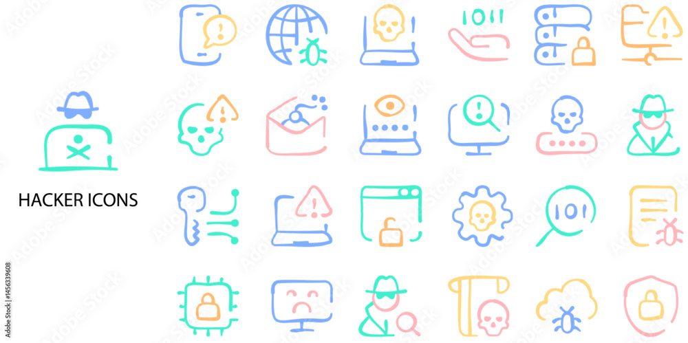 Hacking simple concept 24 color icons set. Contains such malware, virus, trojan, ransomware, hacker. .Vector illustration. Hacking simple concept 24 color icons set. Contains such malware, virus, trojan, ransomware, hacker. .Vector illustration.
