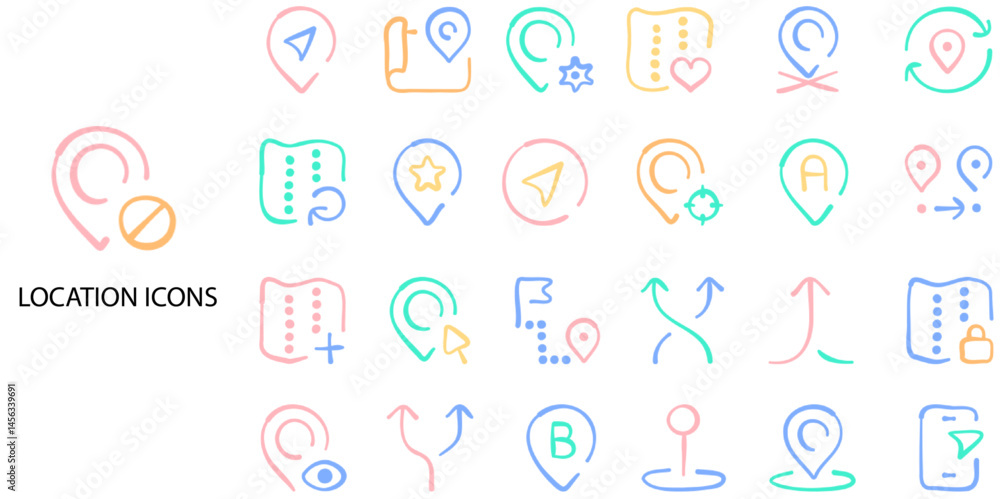 Location simple concept 24 Flat hand drawn color icons set. Contains such symbol, flag, position, red, locator map .Vector illustration. Location simple concept 24 Flat hand drawn color icons set. Contains such symbol, flag, position, red, locator map .Vector illustration.