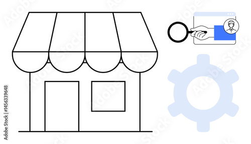 Storefront with an awning, hand holding identification badge under magnifier, and gear icon. Ideal for business trust, authentication, optimization, efficiency, small enterprise, digital systems