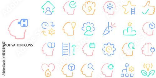 Motivation simple concept 24 hand drawn color icons set. Contains such management, strategic, planning .Vector illustration.