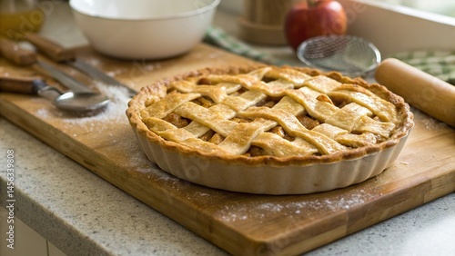A freshly baked apple pie cooling on a kitchen countertop
