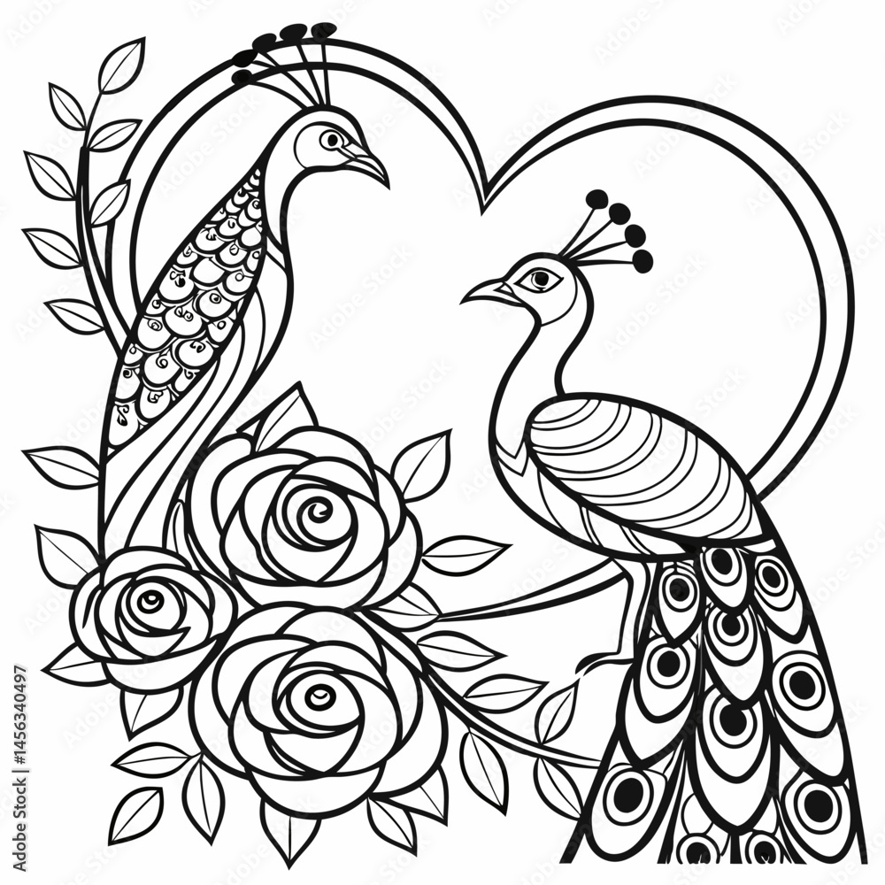 Fototapeta premium Two Peacocks Flowers and Heart Coloring Page Hand Drawing 
