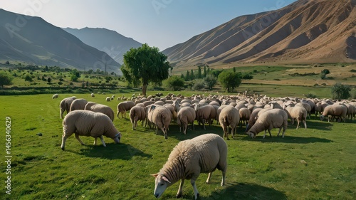 A large flock of sheep grazing in a green field with mountains in the background on a sunny day