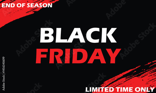 Bold Black Friday sale banner with red brush strokes on a black background and white bold text. Perfect for promoting discounts, offers, or seasonal campaigns.