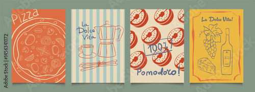 Italian food posters design. Trendy hand drawn art.  Mediterranean eat. Retro vector illustration of pasta, pizza, coffee, olive, wine, tomato,cheese etc. Graphic  for  interior, restaurant, menu.
