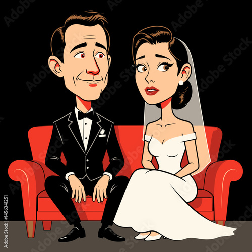 Animated bride and groom sitting on sofa