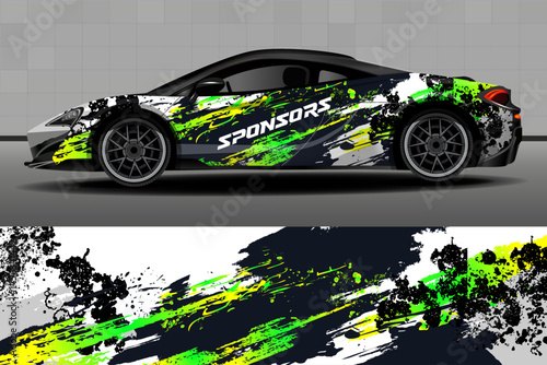 Sport car decal wrap design vector. Design of car stickers. Abstract sport background with light green and black grunge stripes for racing livery or vinyl sticker for daily use. Car design development
