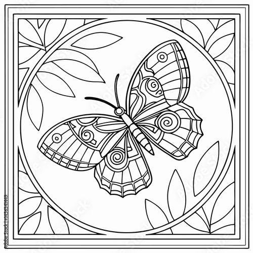 Butterfly Design within a Decorative Border for Coloring Fun	