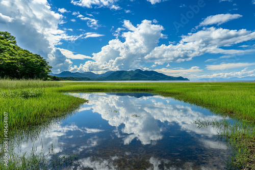 Serene lake reflecting a vibrant sky and mountains lush green vegetation