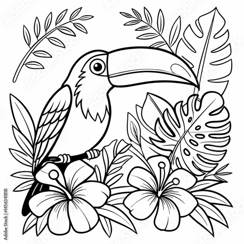 Toucan in the Jungle Coloring Page Hand Drawing Vector	