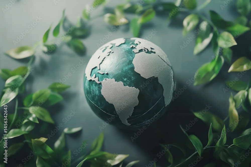 Globe surrounded by green leaves. Symbolizing the importance of environmental awareness and sustainable practices for our planet's health. Globe surrounded by green leaves. Symbolizing the importance of environmental awareness and sustainable practices for our planet's health.