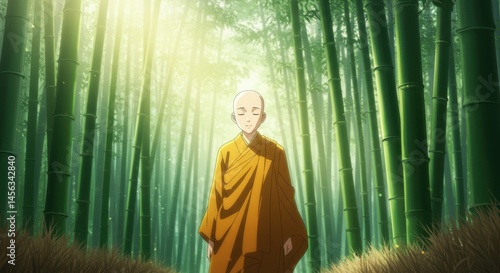 Young Monk's Tranquil Journey Through Bamboo Forest