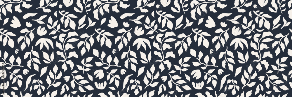 Abstract floral seamless pattern. Hand drawn minimal organic shapes texture. Collage contemporary print in black and white. Ideal for textile design, wallpaper, cards, posters, and decoration.