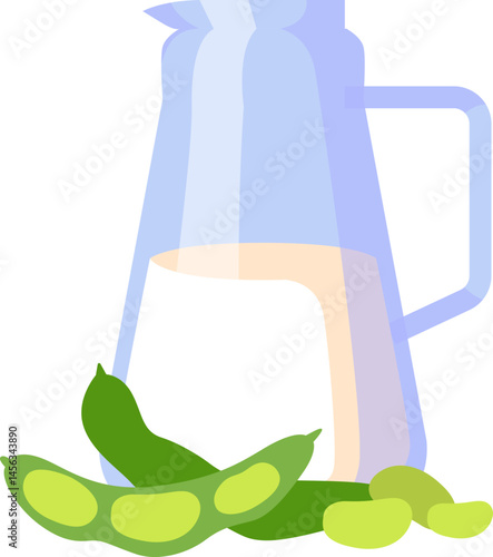 A pitcher of soy milk with fresh green soybeans and shelled beans.