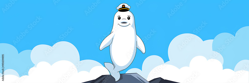 Fototapeta premium Cute Beluga Whale Captain Cartoon