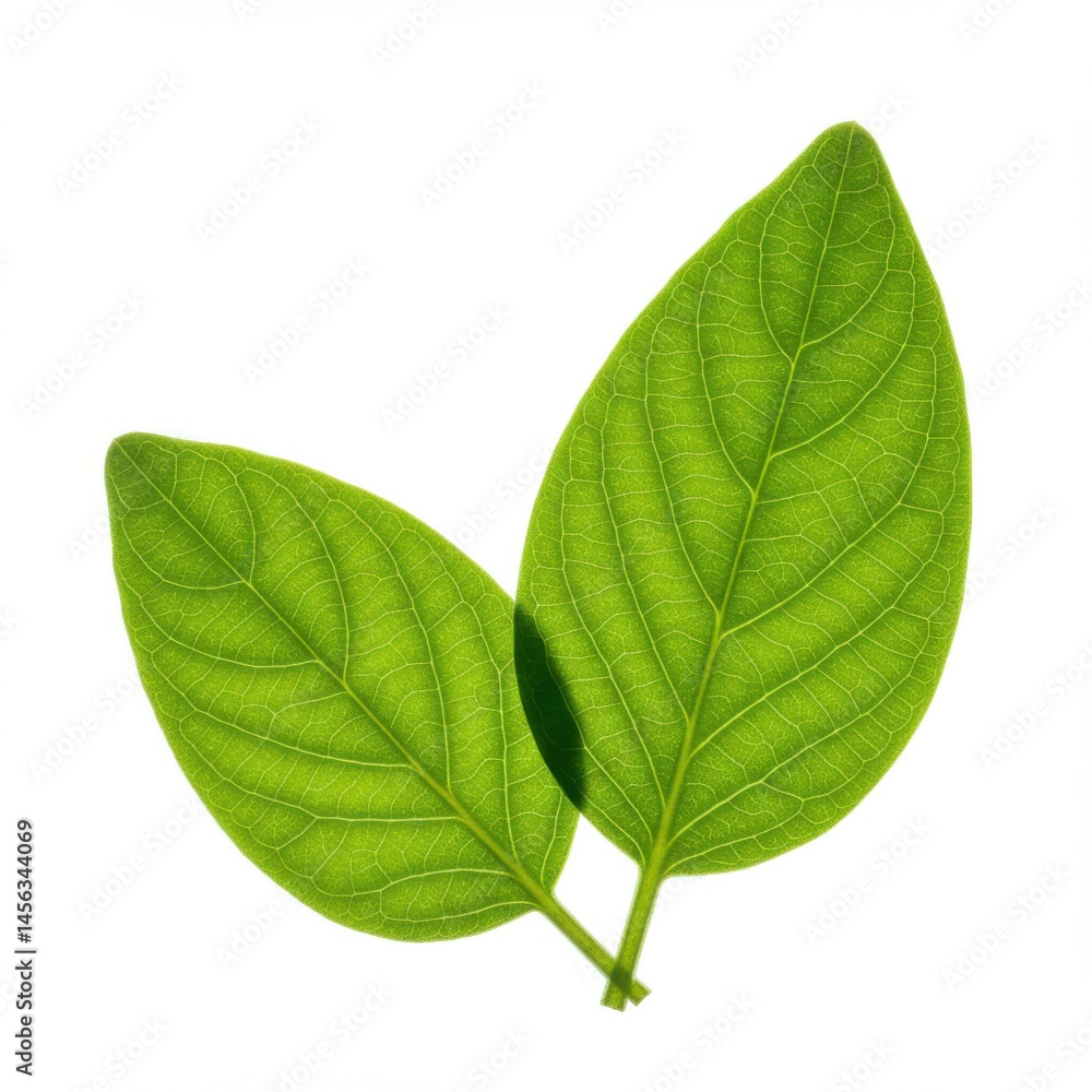 A close up view of two vibrant green basil leaves with detailed veins against a bright background A close up view of two vibrant green basil leaves with detailed veins against a bright background