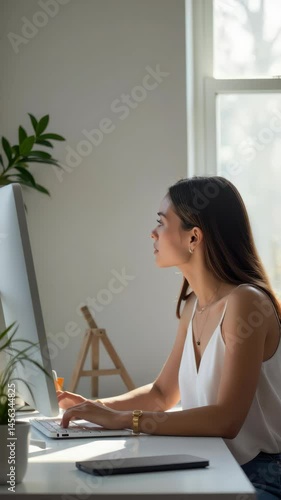 A professional woman engages with her laptop in a well-lit office, focused on her work and organizing thoughts in a notebook.