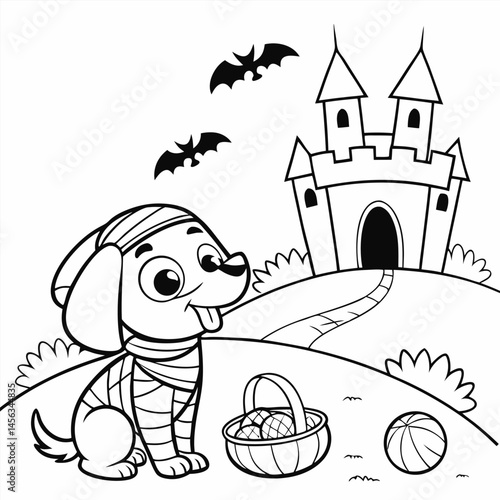 Halloween Puppy Mummy At Castle Coloring Page For Kids	