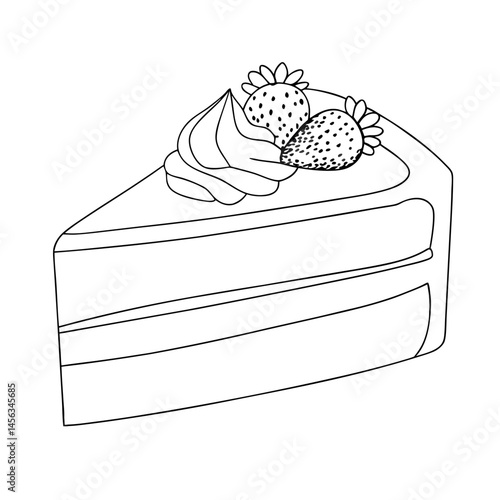 Strawberry Shortcake Slice in Thin Line Art Style  