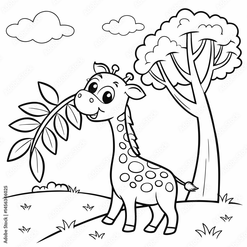 Naklejka premium Cute Giraffe Eating Leaves Coloring Page Hand Drawing 