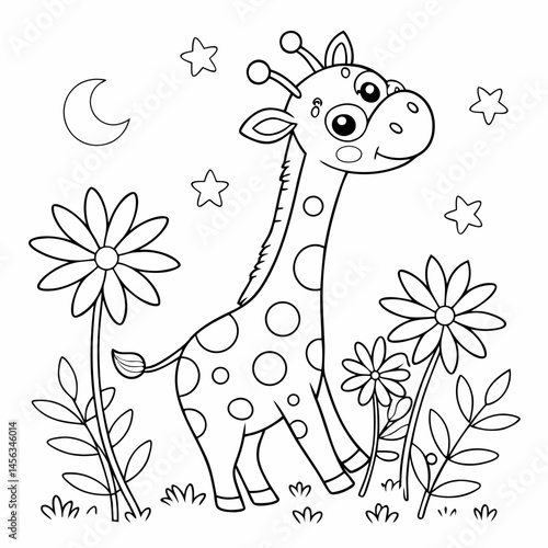 Cute Giraffe Coloring Page Among the Flowers and Stars	