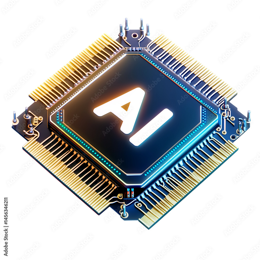 Realistic Render of AI Chip with AI Letters Isolated on Transparent Background