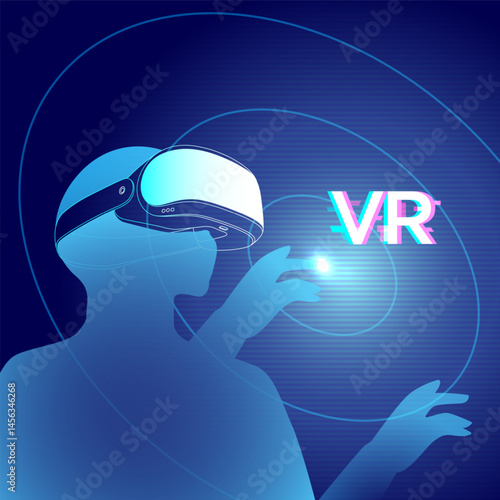 VR Technology concept with a person using virtual reality headset, interacting with glowing futuristic interface in a digital blue-themed environment.
