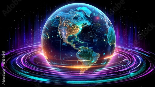 Futuristic digital globe with glowing network connections and data rings representing global communication and technology