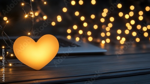 A glowing heart-shaped object is placed on a wooden surface, with softly blurred string lights in the background, This image is ideal for romantic or sentimental themes