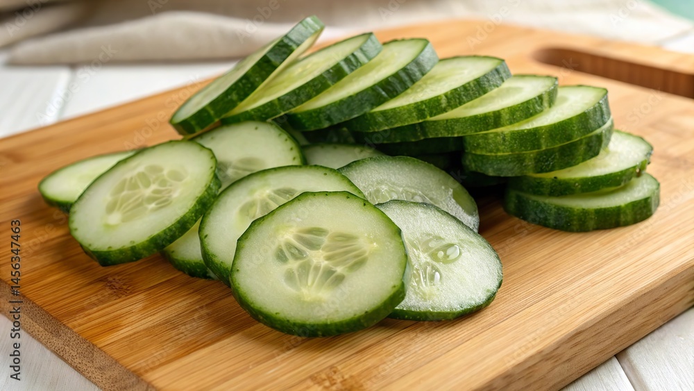 A pile of sliced cucumbers on a wooden cutting board A pile of sliced cucumbers on a wooden cutting board