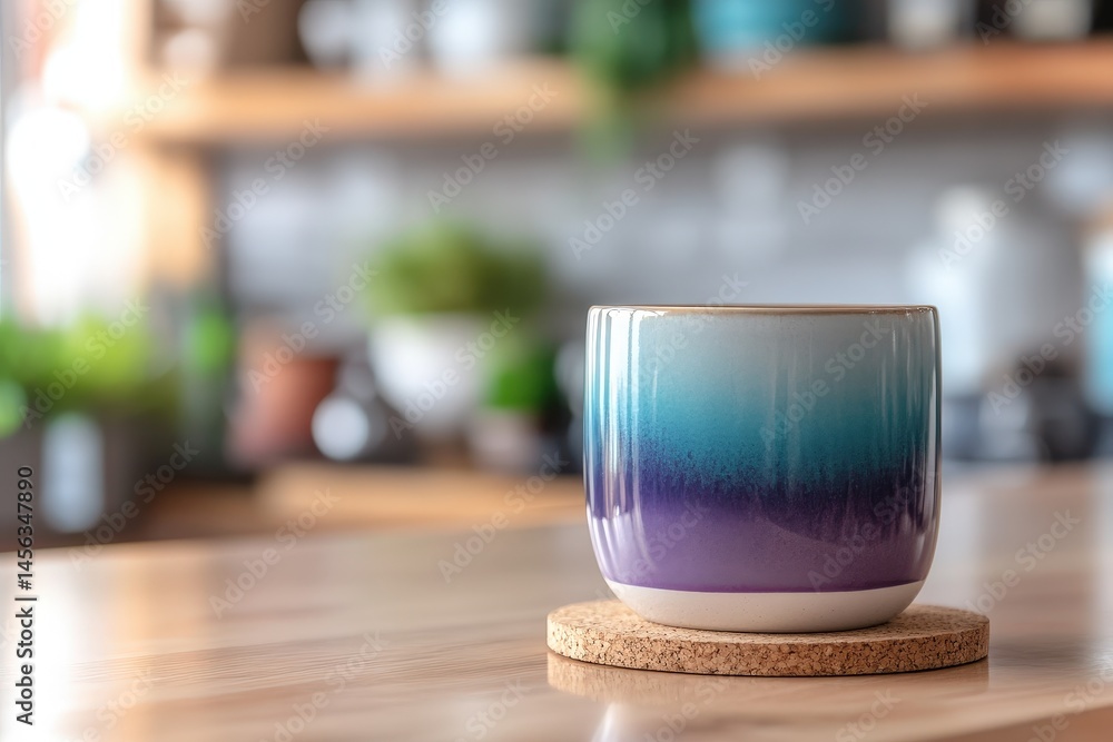 Fototapeta premium Blurred kitchen countertop view with a decorative ceramic mug.