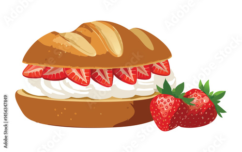 baked bread with cream cheese and strawberry topping - vector illustration