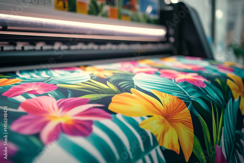 Tropical floral fabric being printed on a large format printer vibrant colors lush design